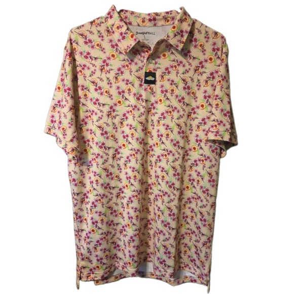 Breakfast Ball Other - Breakfast Ball RSVLTS Mens Peach Cherry Blossom Floral Golf Polo Shirt Tan Large